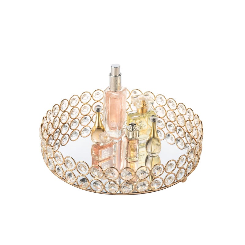 Feyarl Crystal Perfume Tray Makeup Cosmetic Vanity Organizer Jewelry Trinket Display Storage Mirrored Decorative Tray Skin Care Tray for Dresser Home Deco Birthday Gift(Round 10" inch) (Gold) - Image 1
